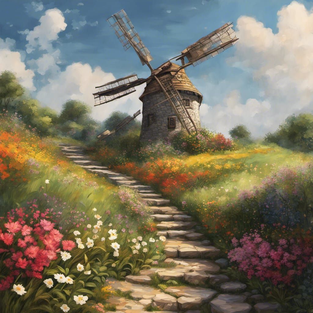 Picturesque Windmill on Hillside Path in Golden Hour