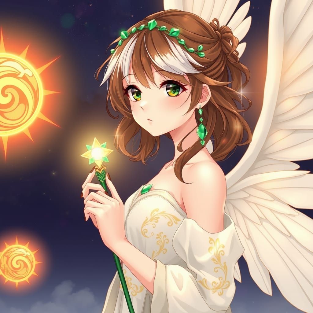 Ethereal Anime Goddess with Emerald Crown and Wings