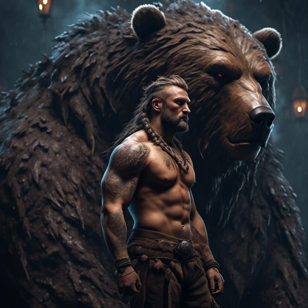Viking Warrior with Grizzly Bear in Dark Fantasy Style