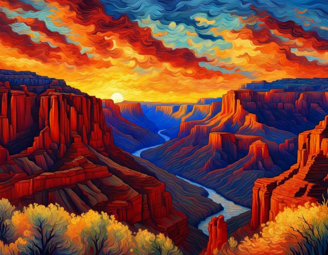 Canyon Vista in Van Gogh Style at Sunrise
