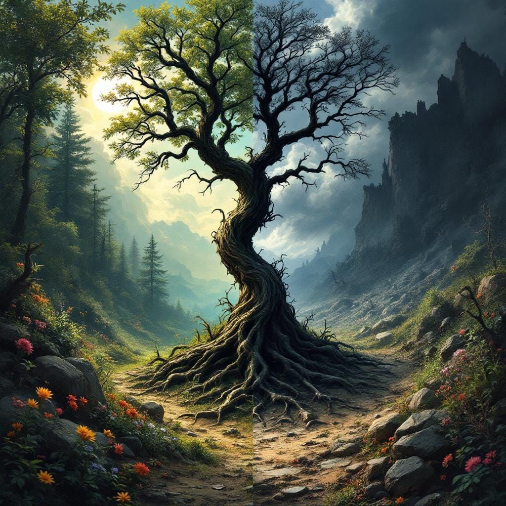 Serene Forest Meets Desolate Wasteland: A Dark Fantasy
