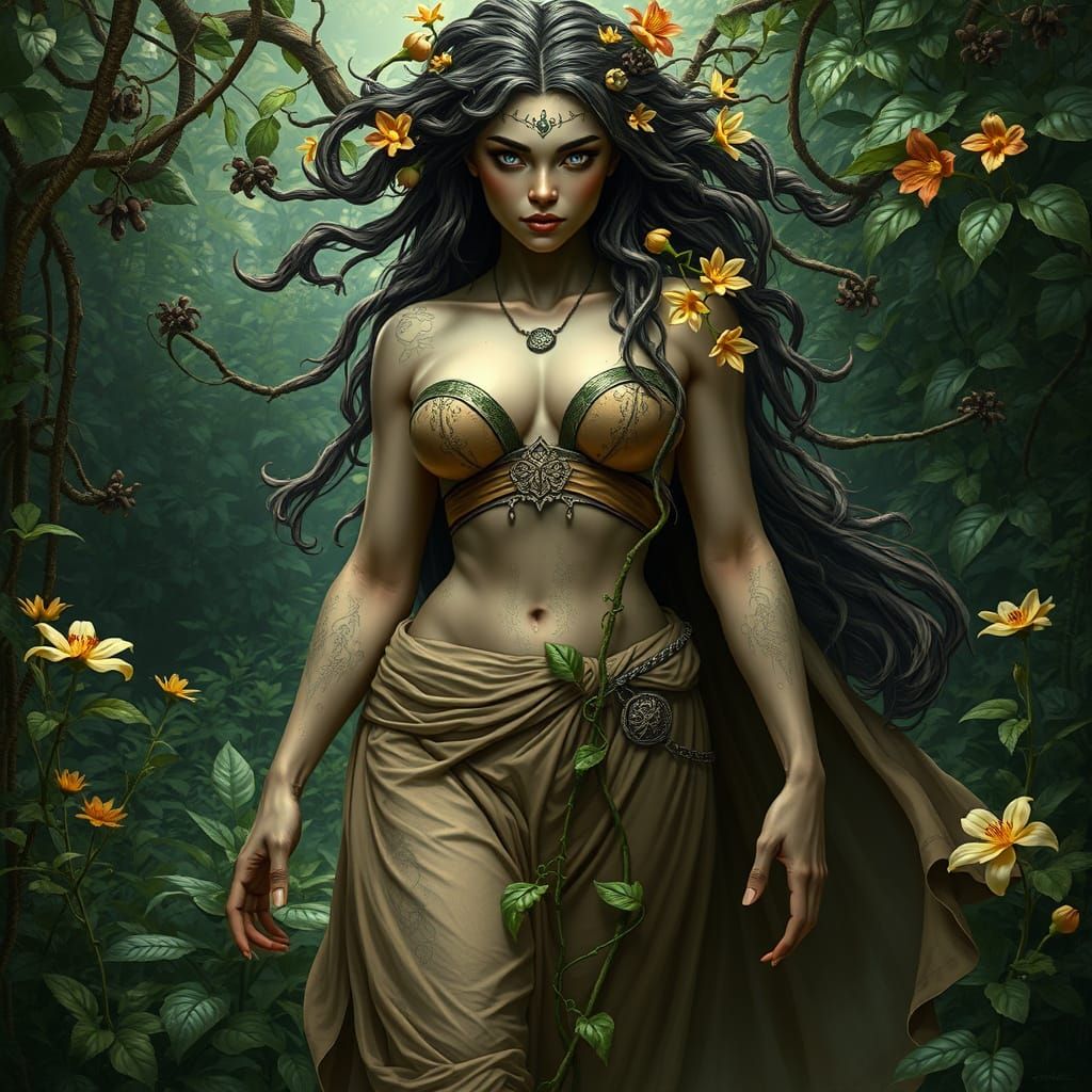 Fertility Goddess in Lush Garden: Hyperrealistic Art