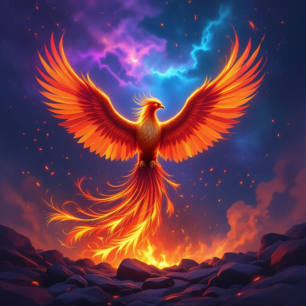 Majestic Fiery Phoenix Rises From Embers in Cosmic Nebula