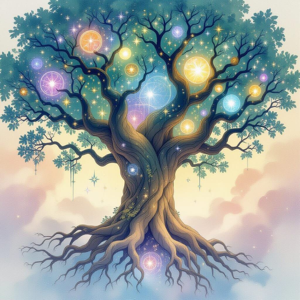 Cosmic Tree Rooted in Nebula with Celestial Orbs
