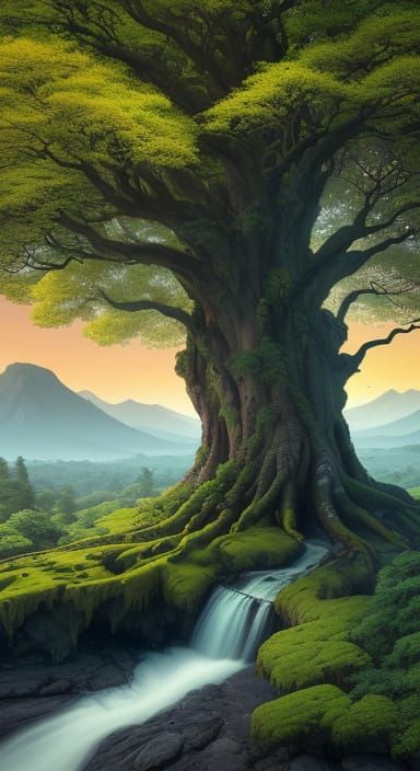 Grandiose Tree of Life in Vibrant Landscape with Waterfall a...