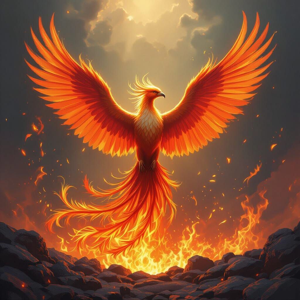 Majestic Phoenix Rising from Ashes in Fantasy Art Style