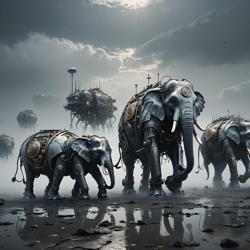 Mechanical Elephants Above Silver Sea: Futuristic Concept Ar...