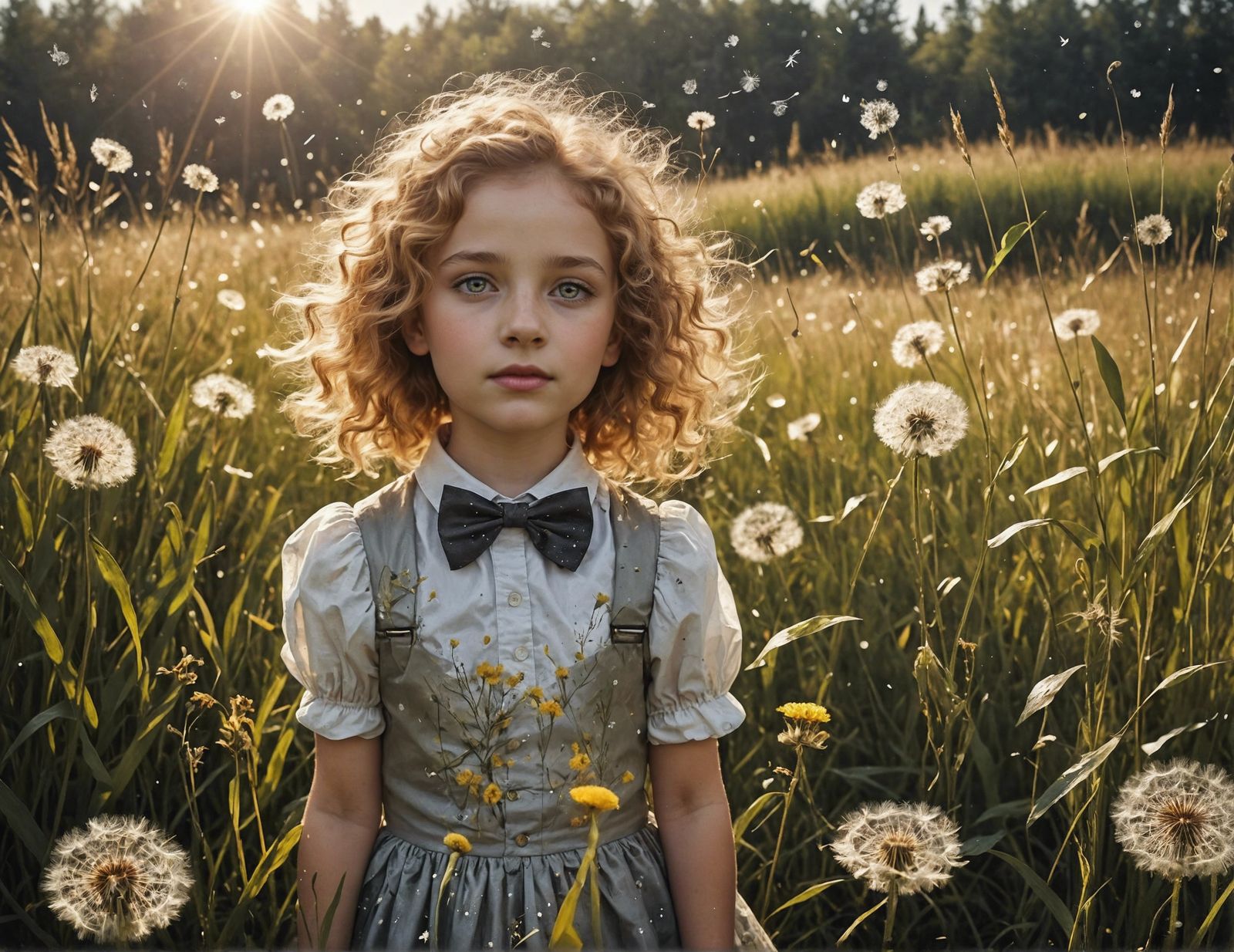 Girl in Dandelion Meadow with Glowing Runes