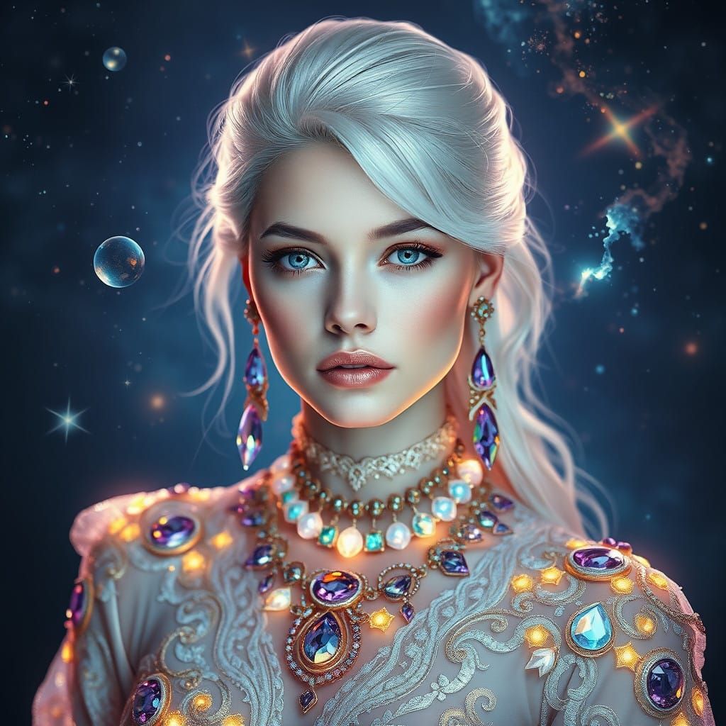 Hyperrealistic Portrait of a Celestial Platinum Woman