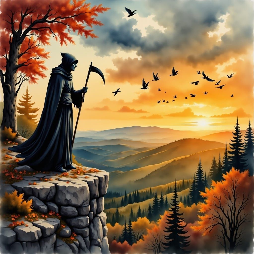 Grim Reaper Captures Vermont Autumn Sunset in Watercolor