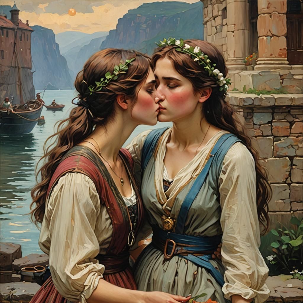 Romantic Lesbian Kiss in Pre-Raphaelite Style
