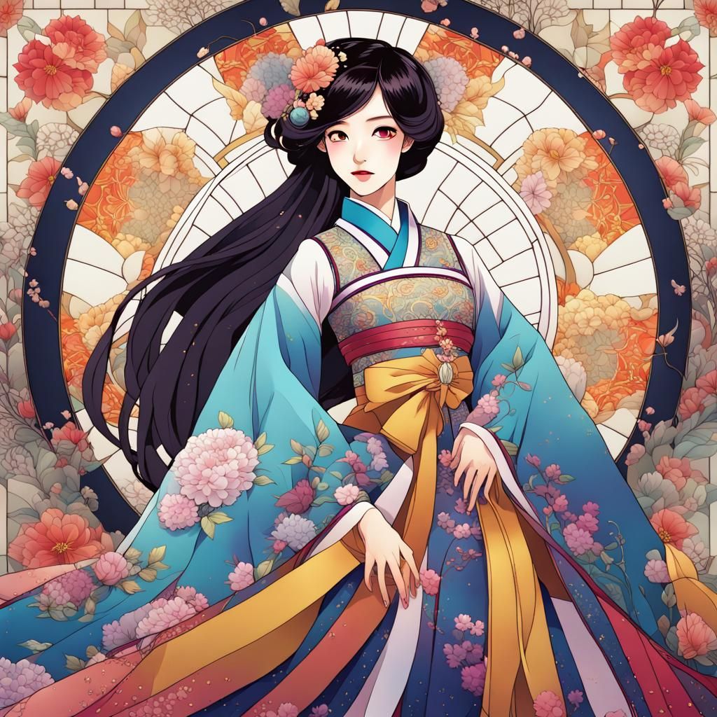 Glamorous Korean Girl in Art Nouveau Anime Style