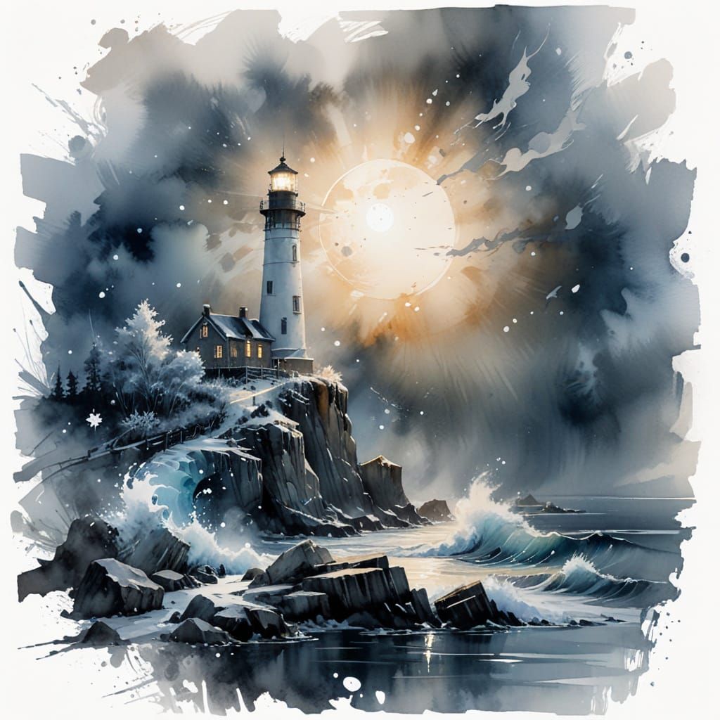 Moonlit Lighthouse on Winter Shore as Watercolour