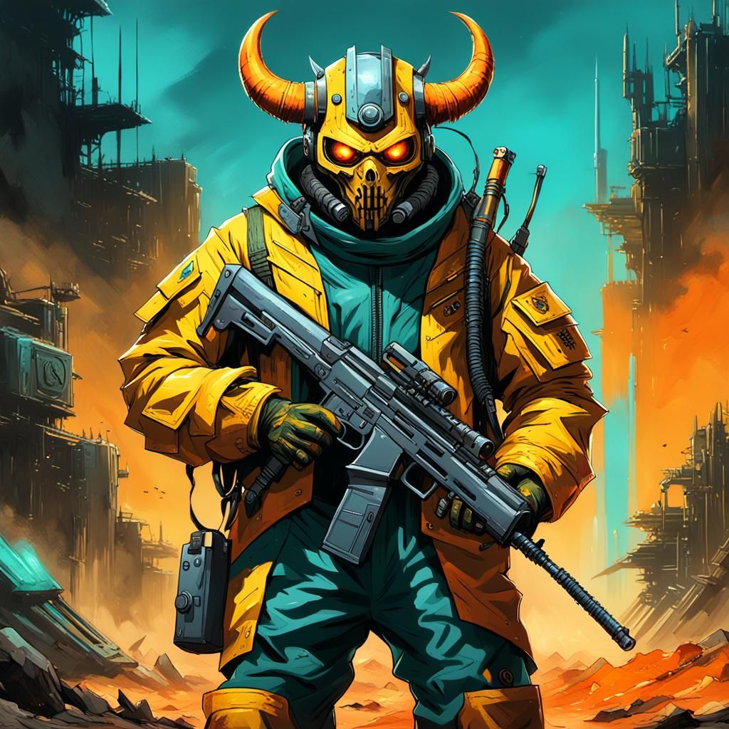 Surreal Devil in Hellish Wasteland, Holding Futuristic Machi...