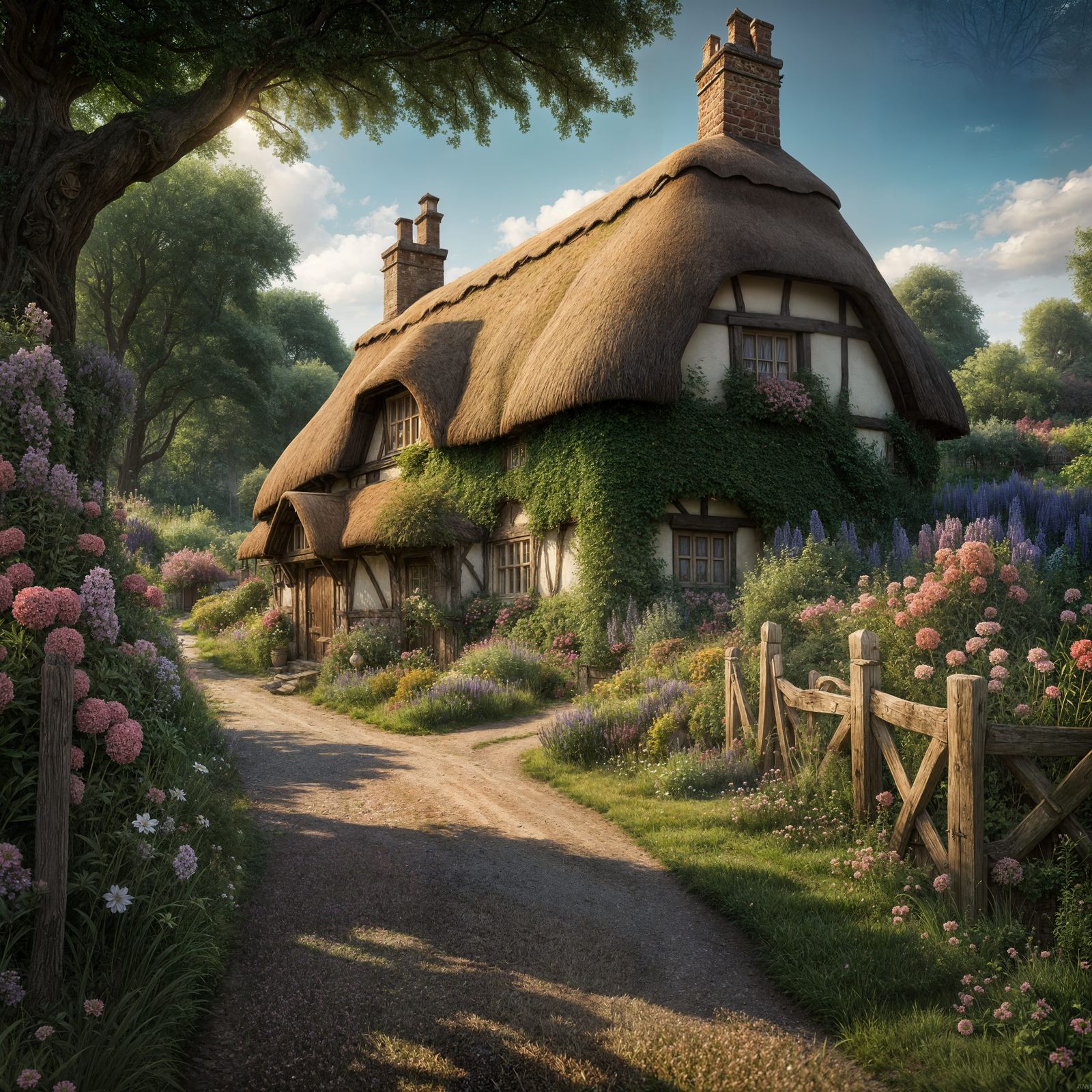 Idyllic Thatched Cottage with Flower Garden: Matte Painting