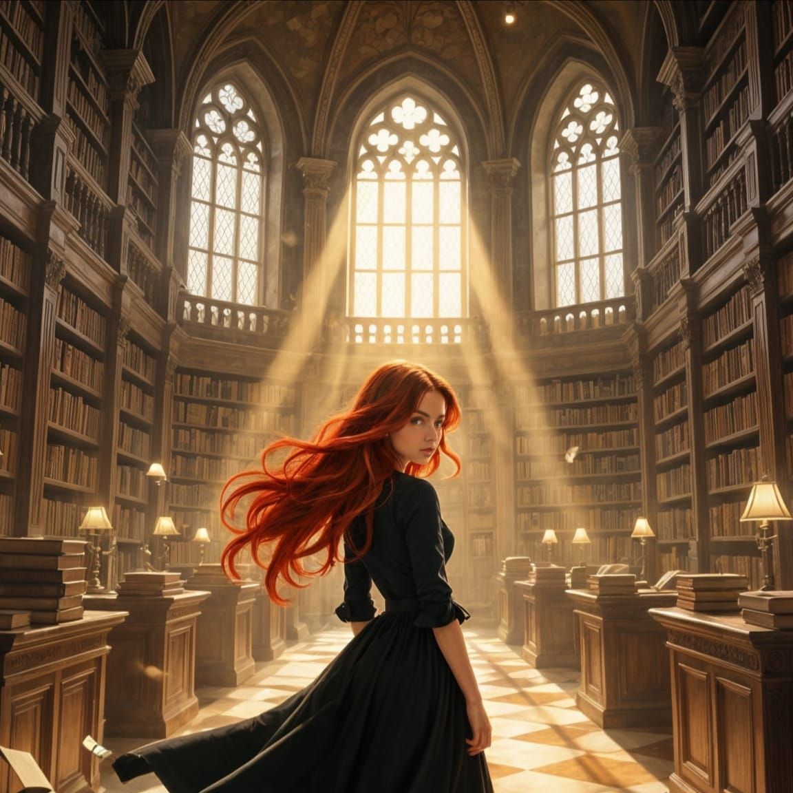 Young Witch in Sunlit Ancient Library