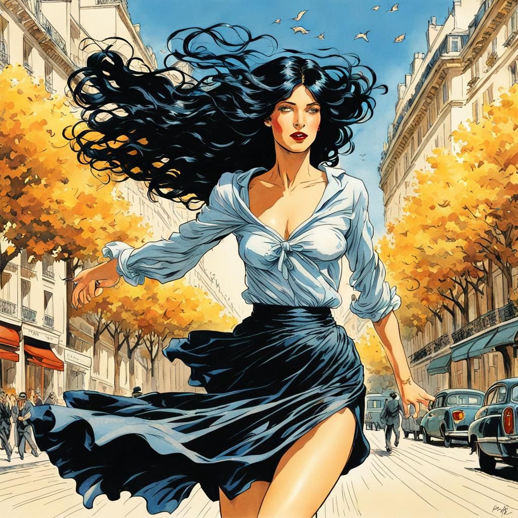 Girl in Paris Skirt Lifted by Wind, Comic Art
