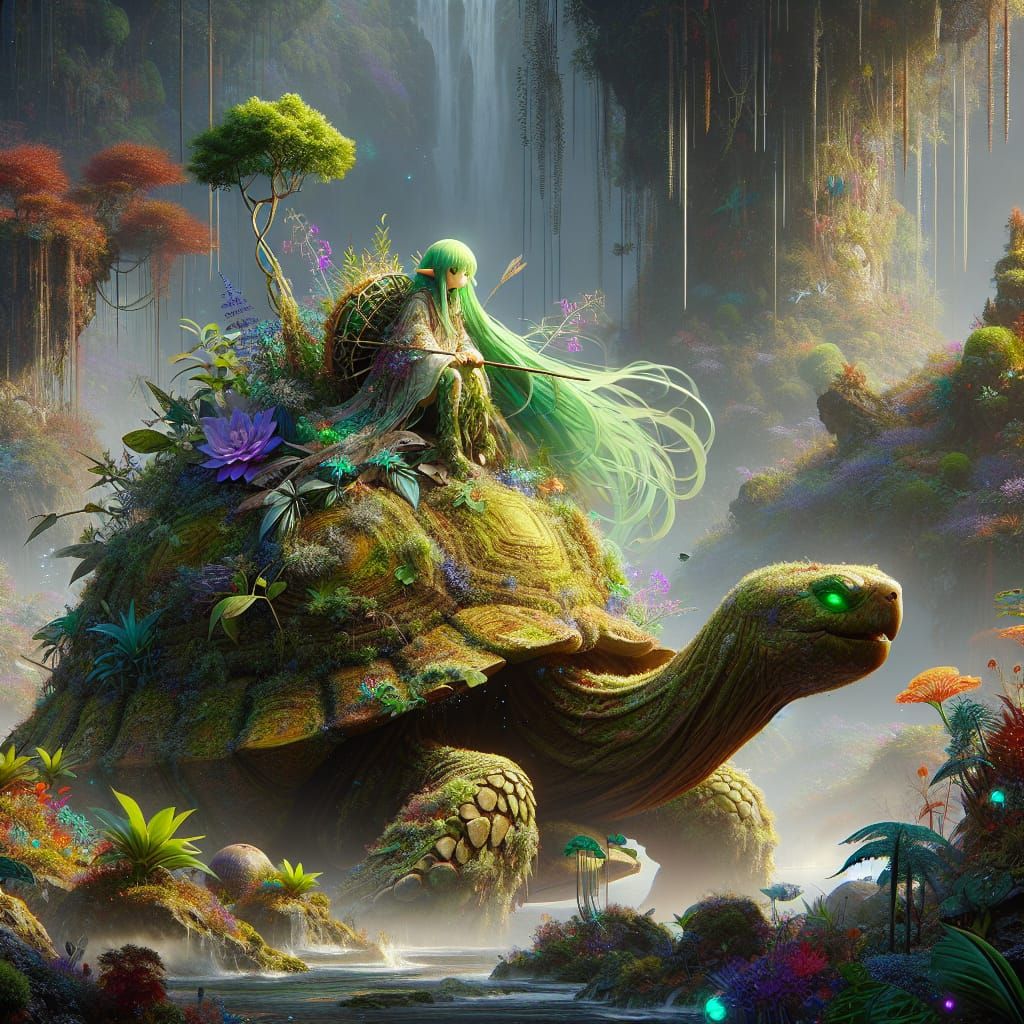 Anime Fairy Rides Giant Mossy Tortoise