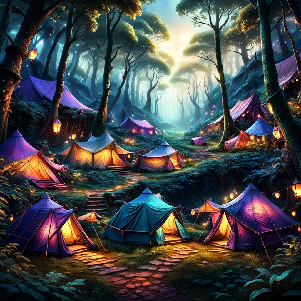 Enchanting Tents in Mystical Forest: Fantasy Concept Art
