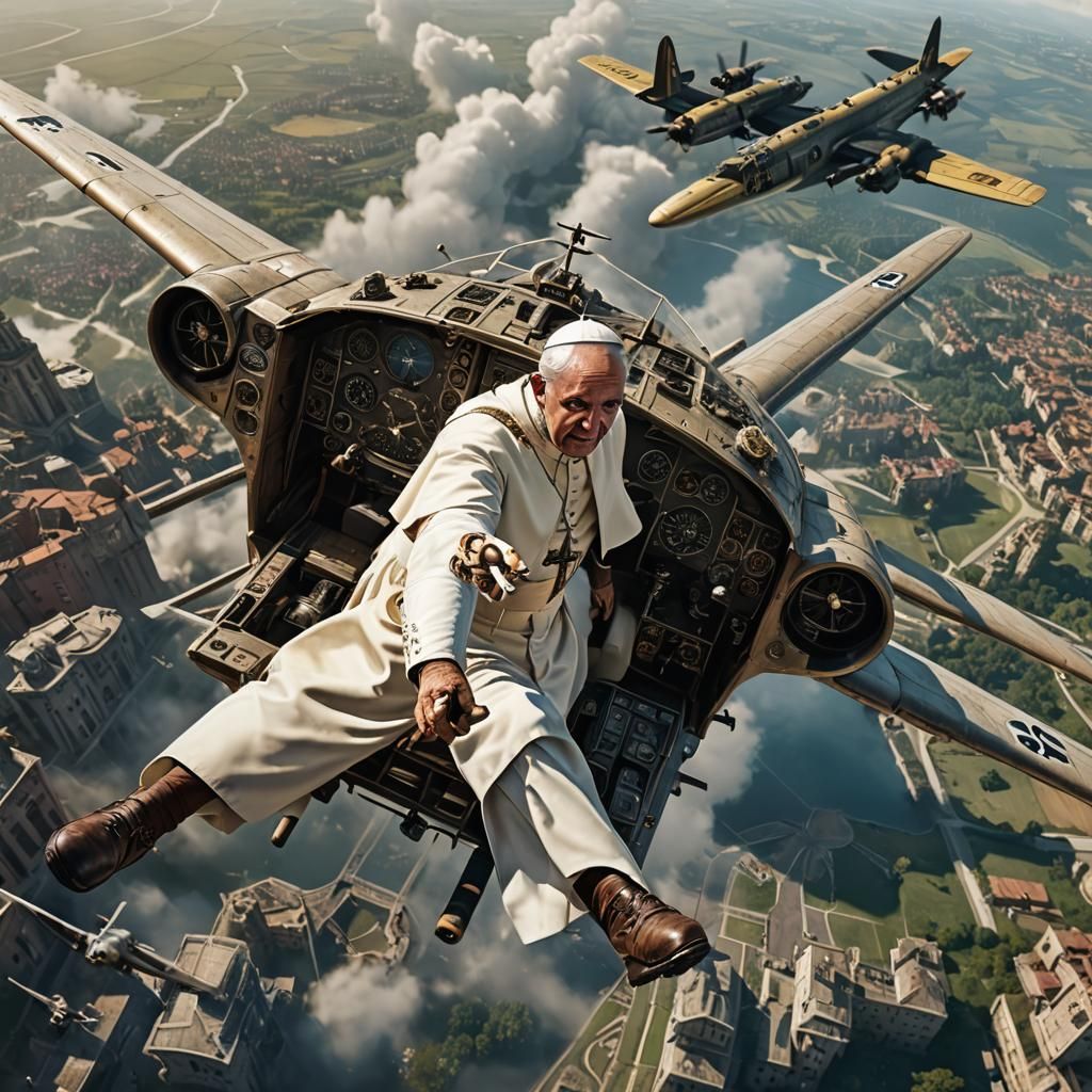 Pope Piloting a B17 Bomber: Detailed Matte Painting