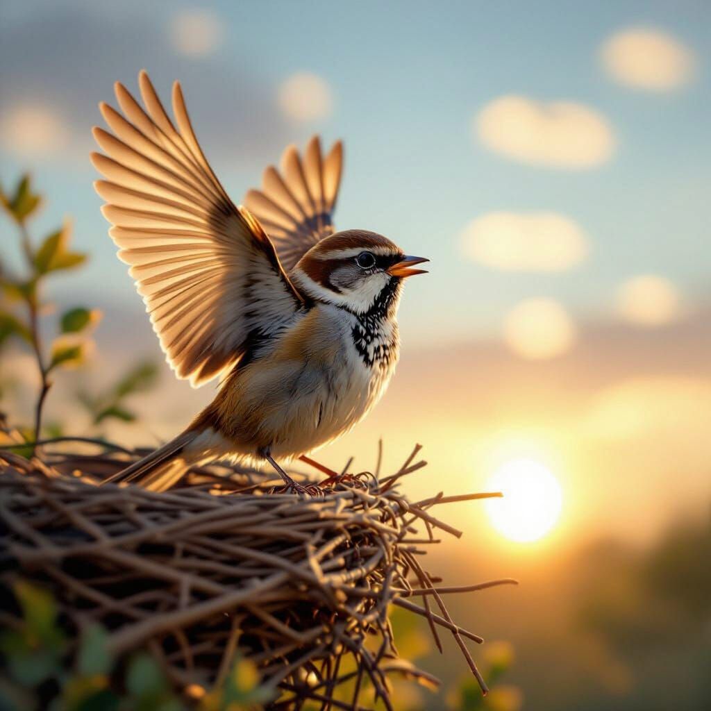 Happy Sparrow Soars Home in Golden Hour Light