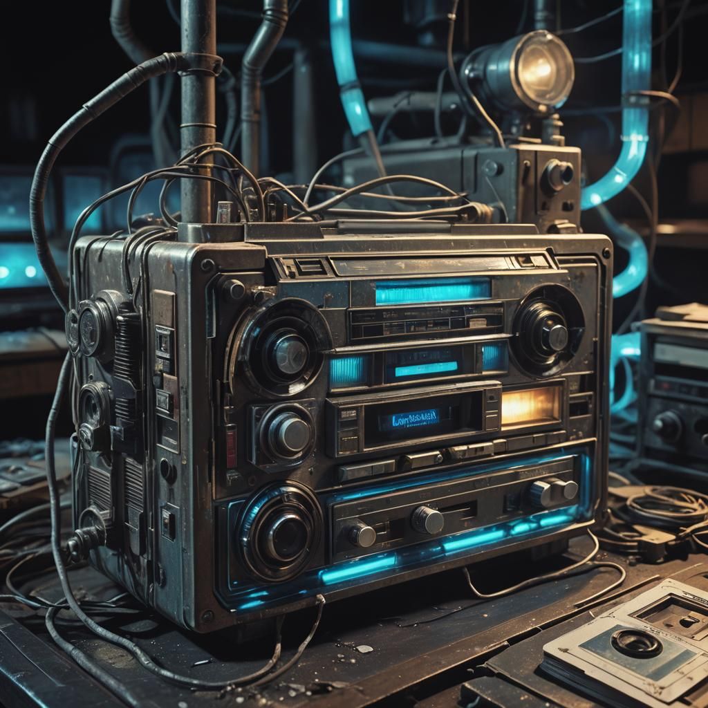Dark Sci-Fi Cassette Player in Industrial Setting