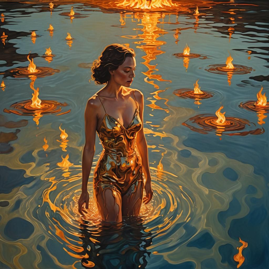 Surreal Woman Between Fire and Water