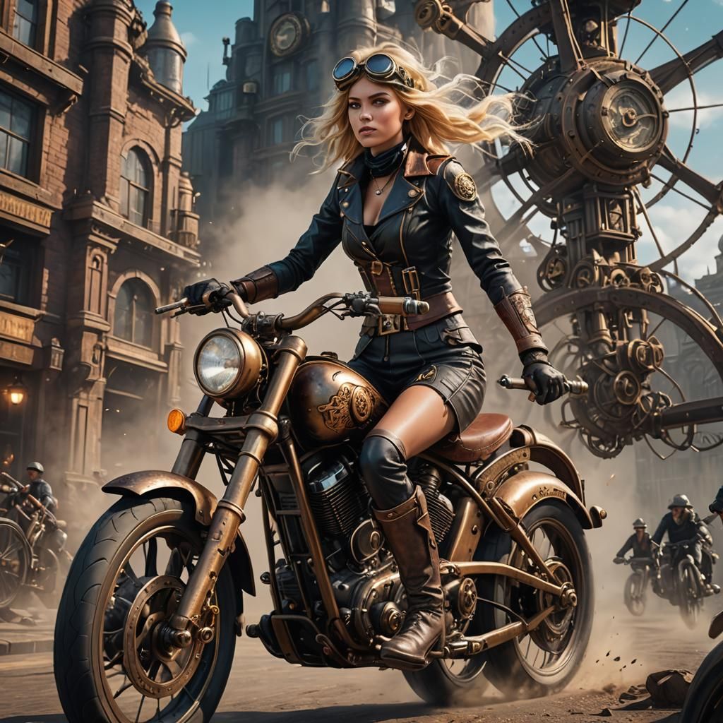 Steampunk Woman Rides a Steampunk Motorcycle