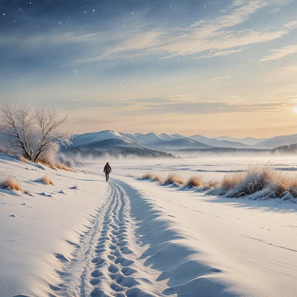 Snowy Winter Beach Scene in Watercolor Style