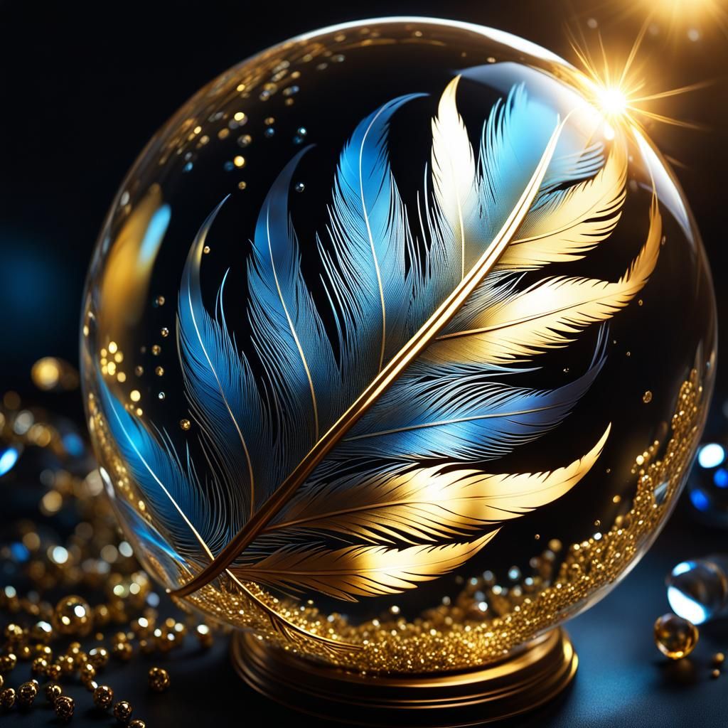 Golden Feather in Glass Sphere, Digital Art