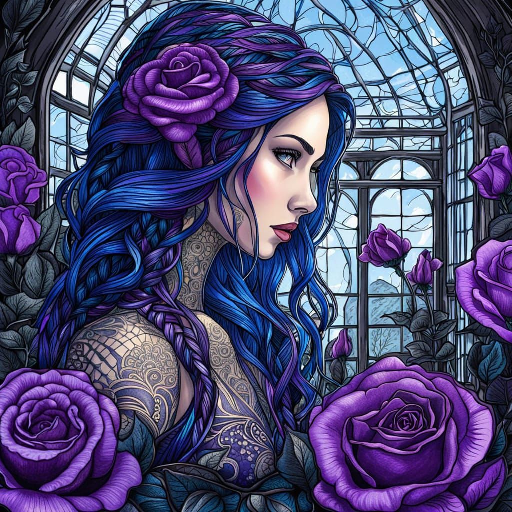 Girl with Purple Braids in Greenhouse, Pen Illustration