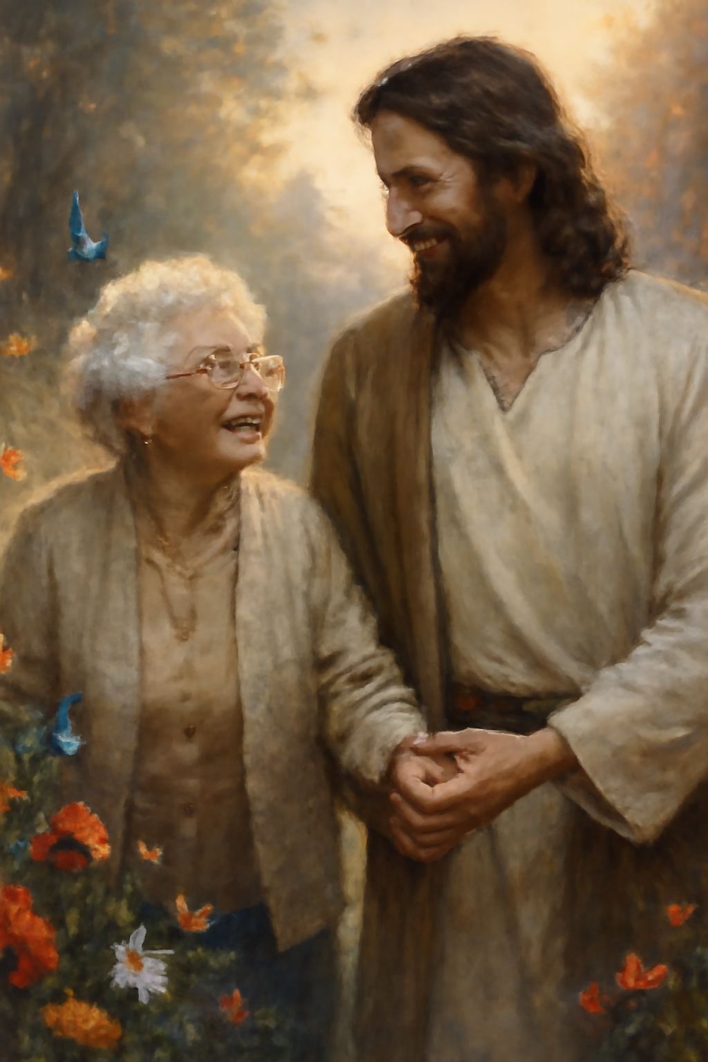 Jesus and Elderly Woman Walking a Flower Path