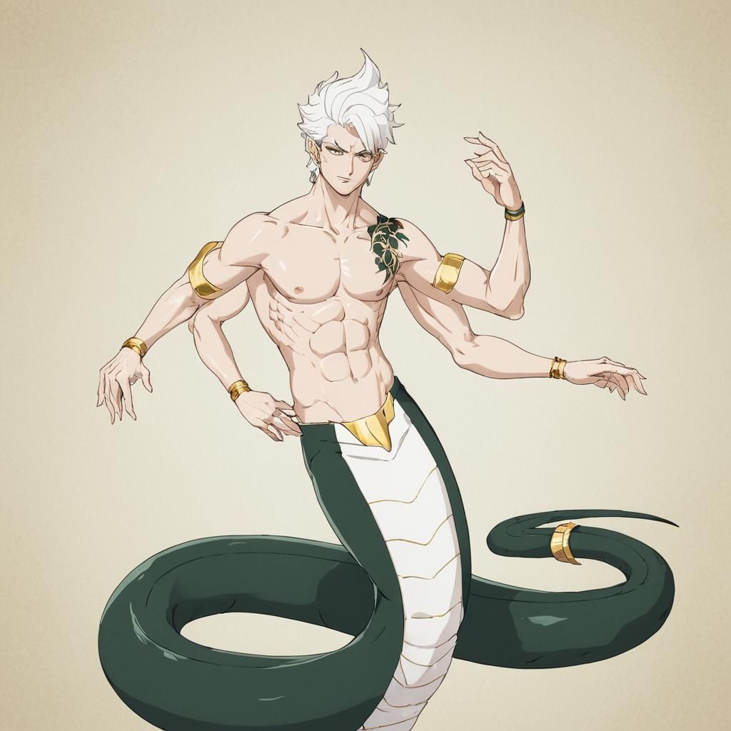 Anime Naga with White Hair and Golden Accessories