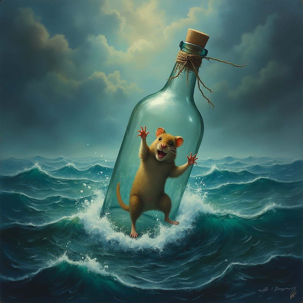 Hamster's Hope in Stormy Sea Bottle Surrealist Painting