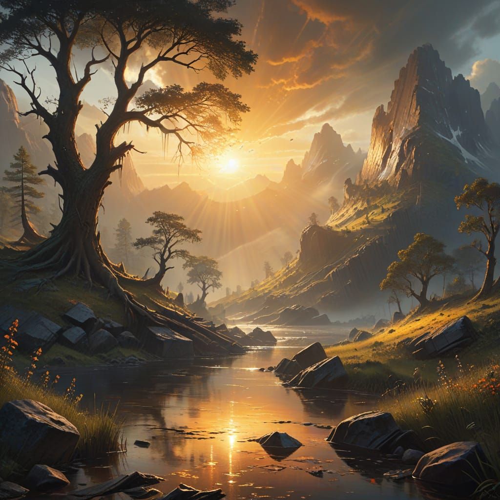 Shattered Landscape in Morning Sunlight, Oil Painting Style