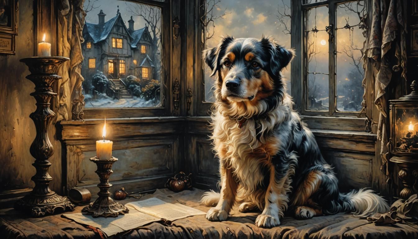 Dog Gazing Out Window, Arthur Rackham Style