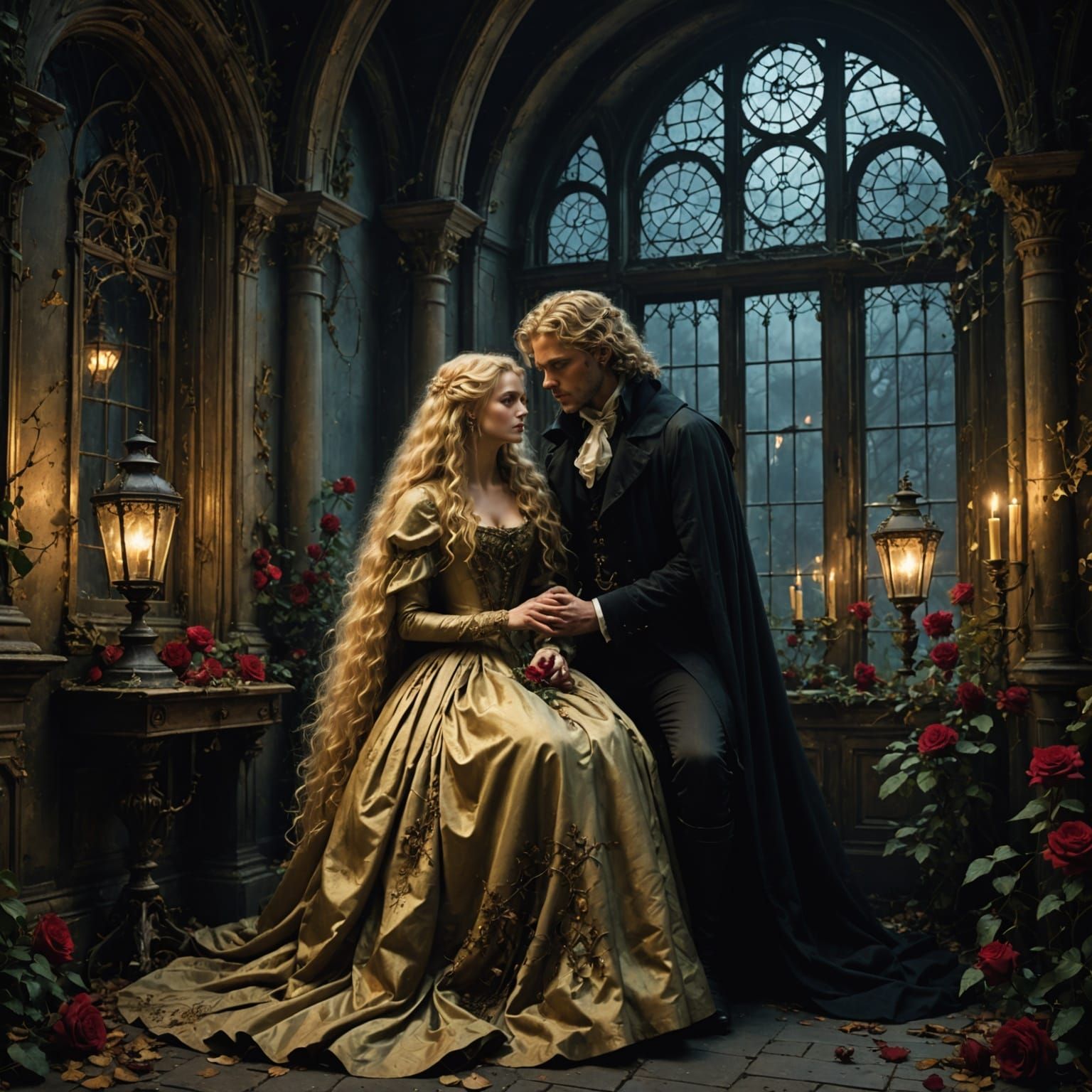 Gothic Victorian Mansion at Twilight with Romantic Couple