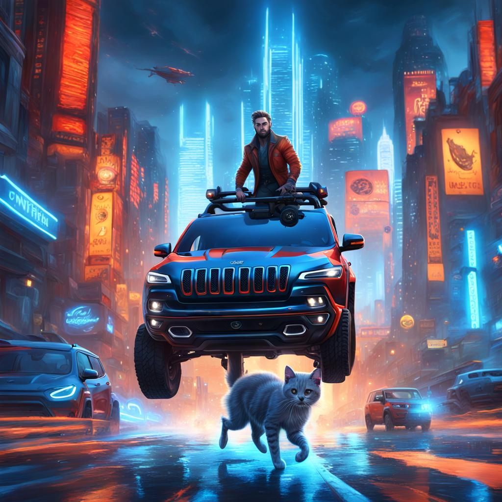 Young Man and Kitten in Red Jeep Cherokee