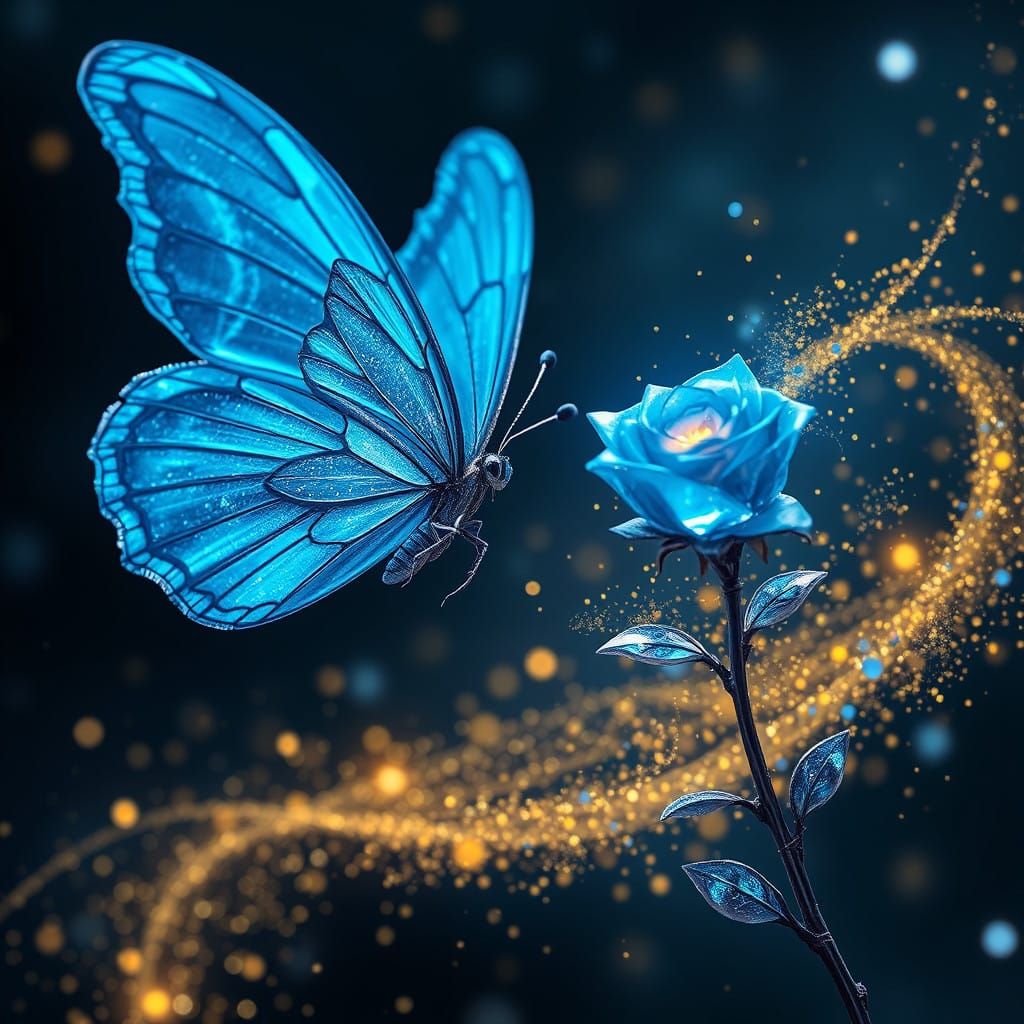 Crystal Blue Butterfly Dances with Vibrant Crystal Rose