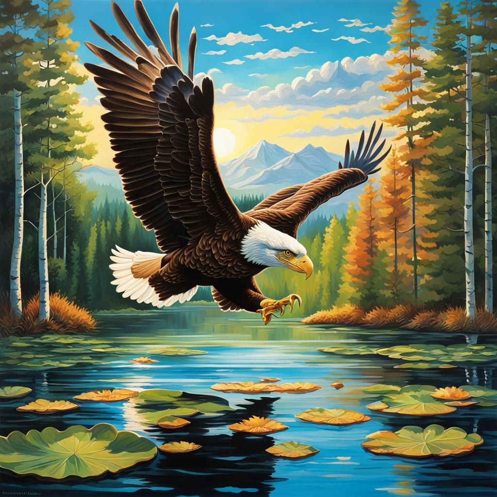 Eagle Soaring Over Lake: Hyperrealistic Splash Art