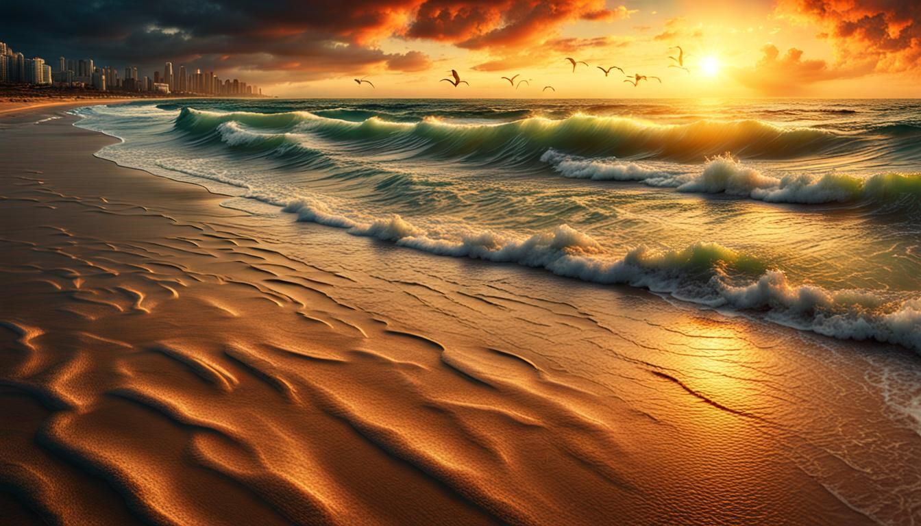 Golden Hour Sunset Beachscape in Hyperrealistic Detail