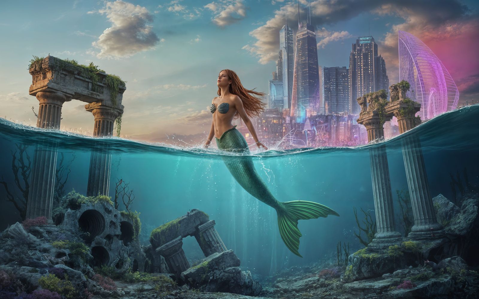 Mermaid Between Ancient Ruins and Neon Skyline