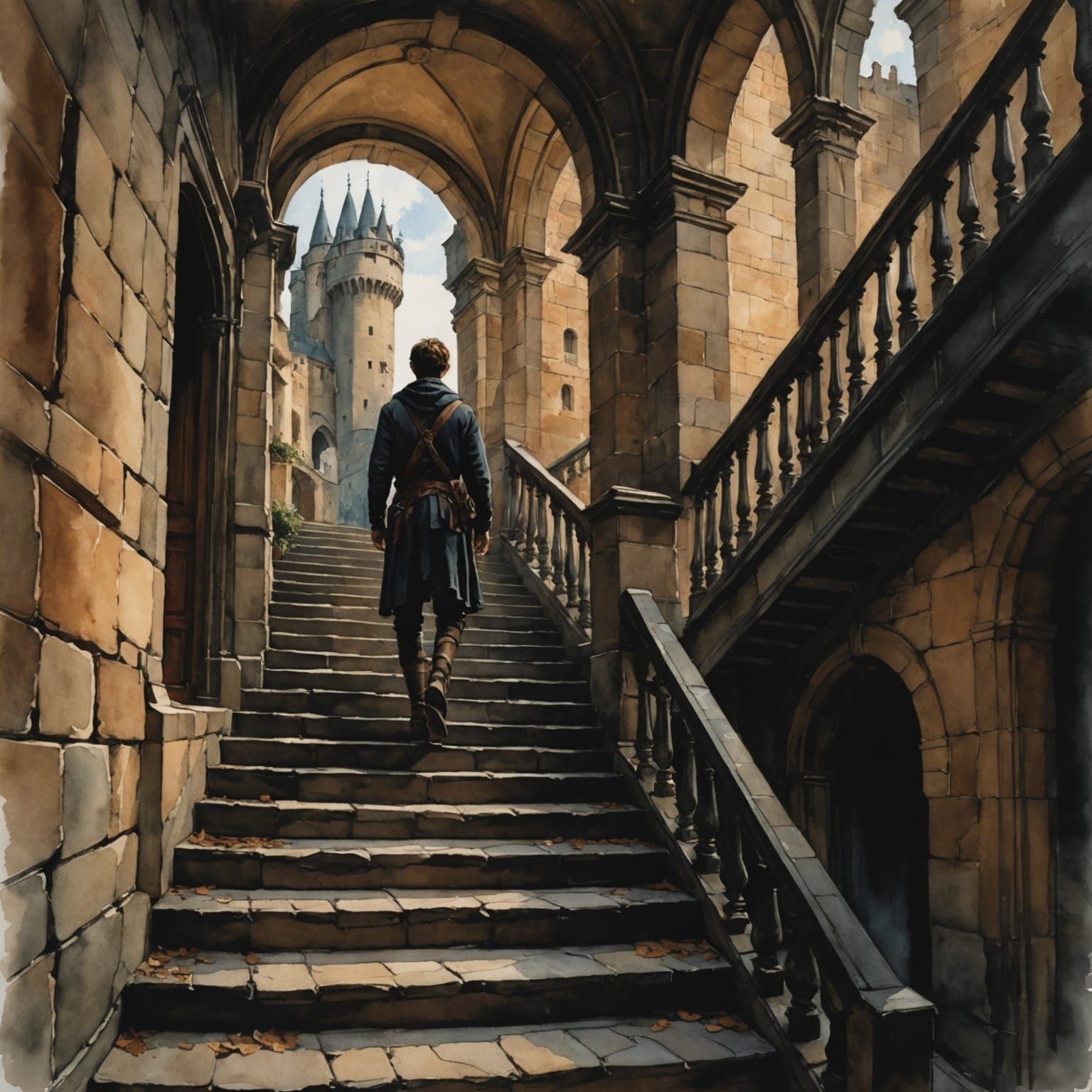 A Boy Ascends Castle Stairs in Chiaroscuro Watercolor