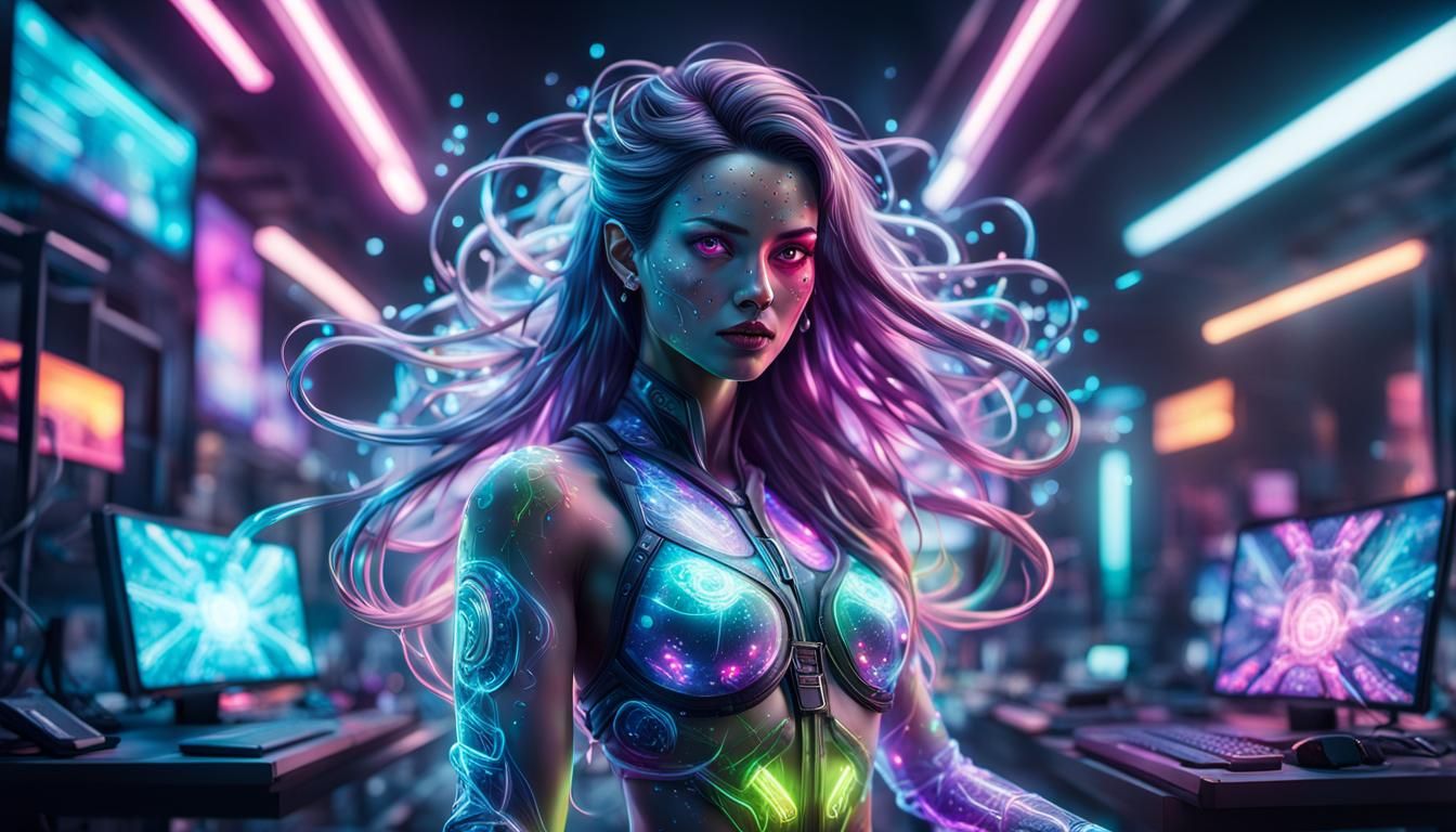 Phantasmagorical Gamer Woman in Neon Lights