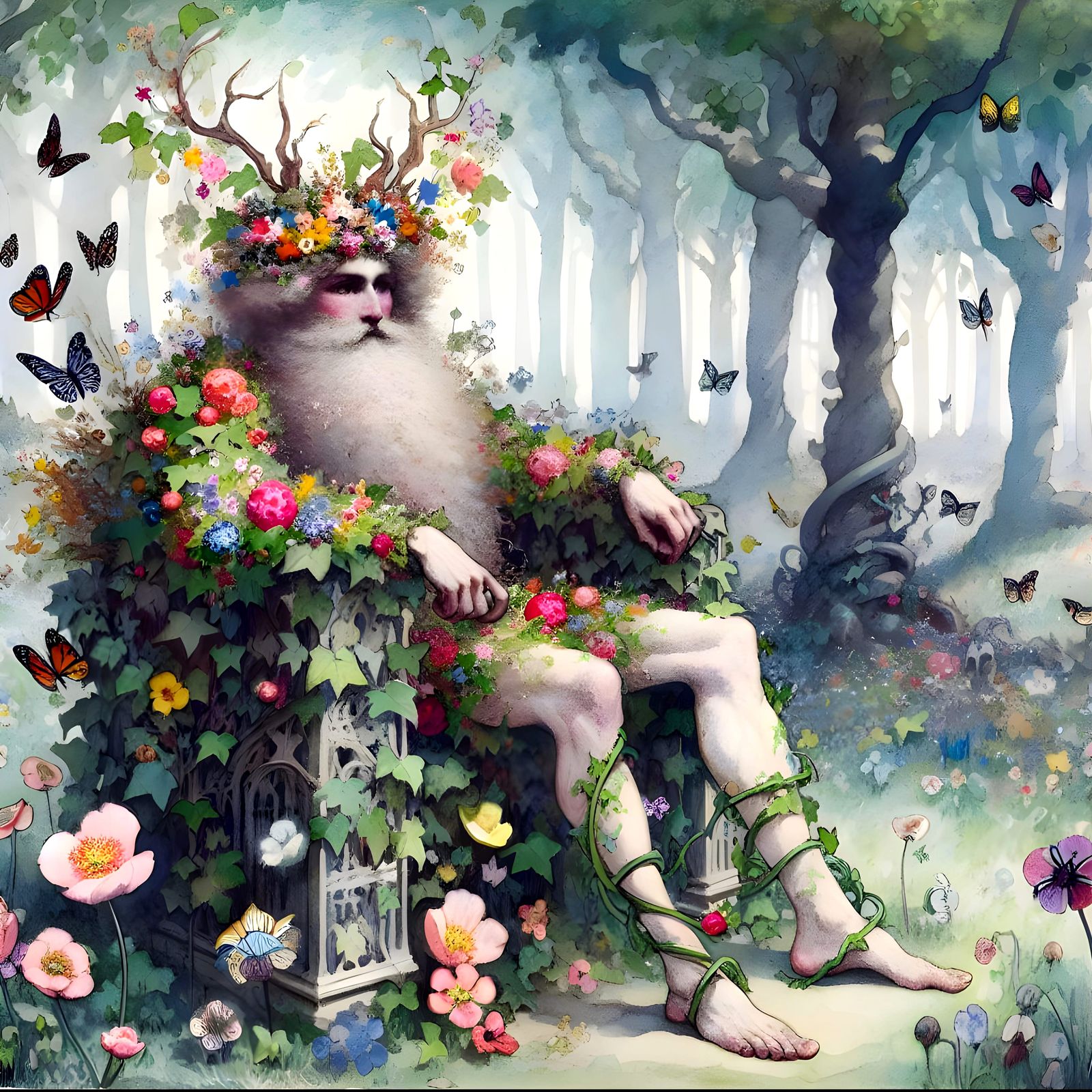 Mythical Man in Enchanted Forest Watercolor Painting