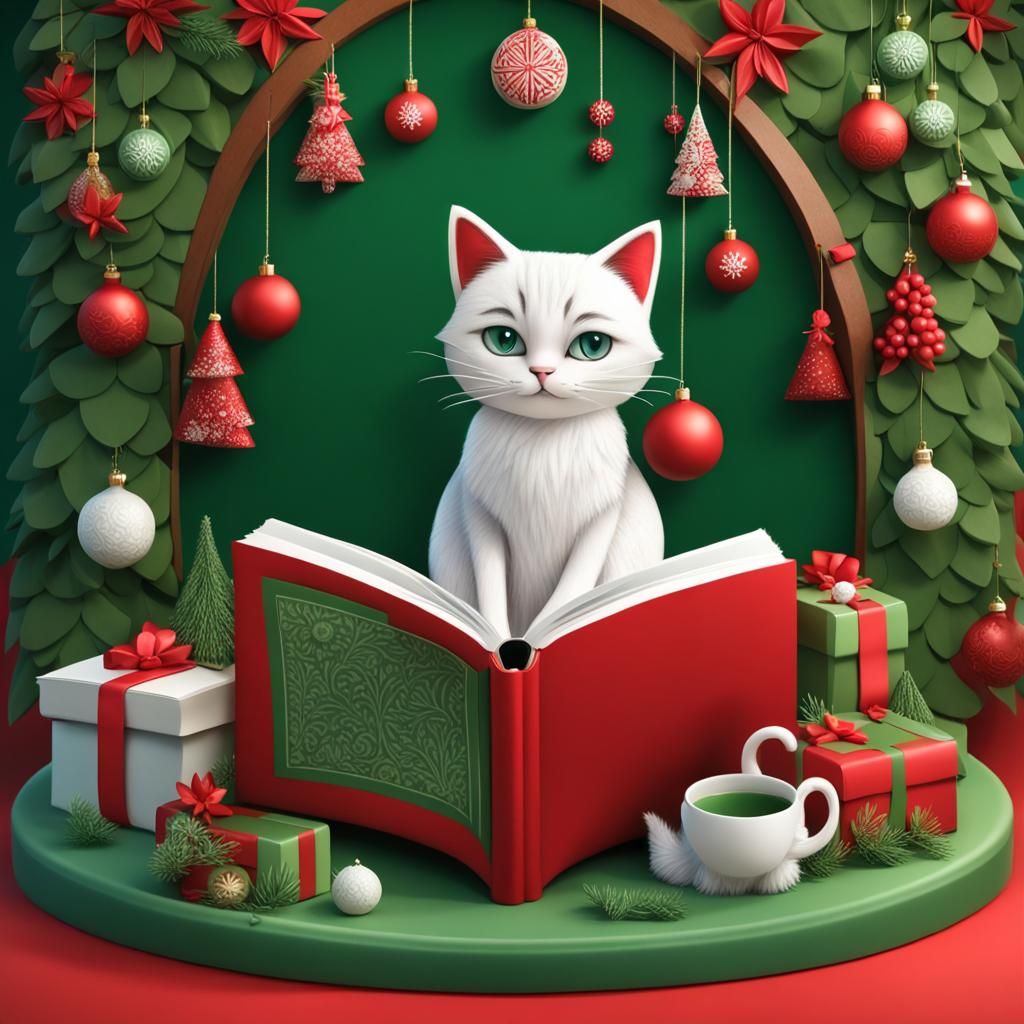 Festive Christmas Scene with Cat Reading