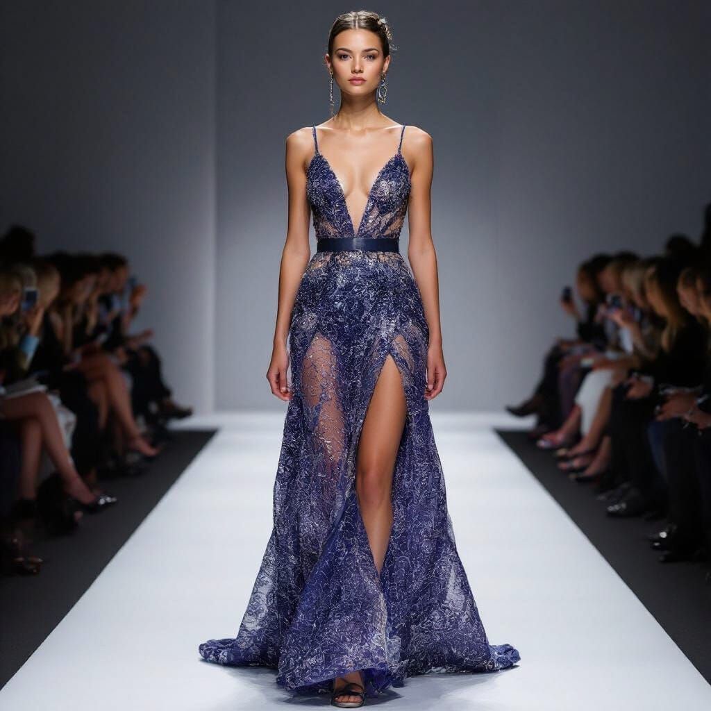 Fashion Model Displays Evening Gown on Catwalk