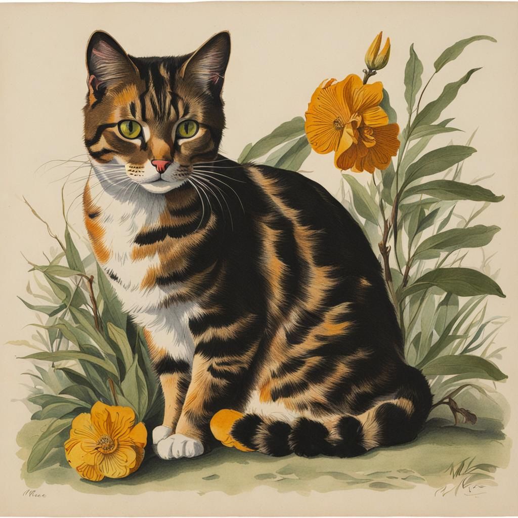 Margaret Ursula Mee botanical colored ink drawing of a cat