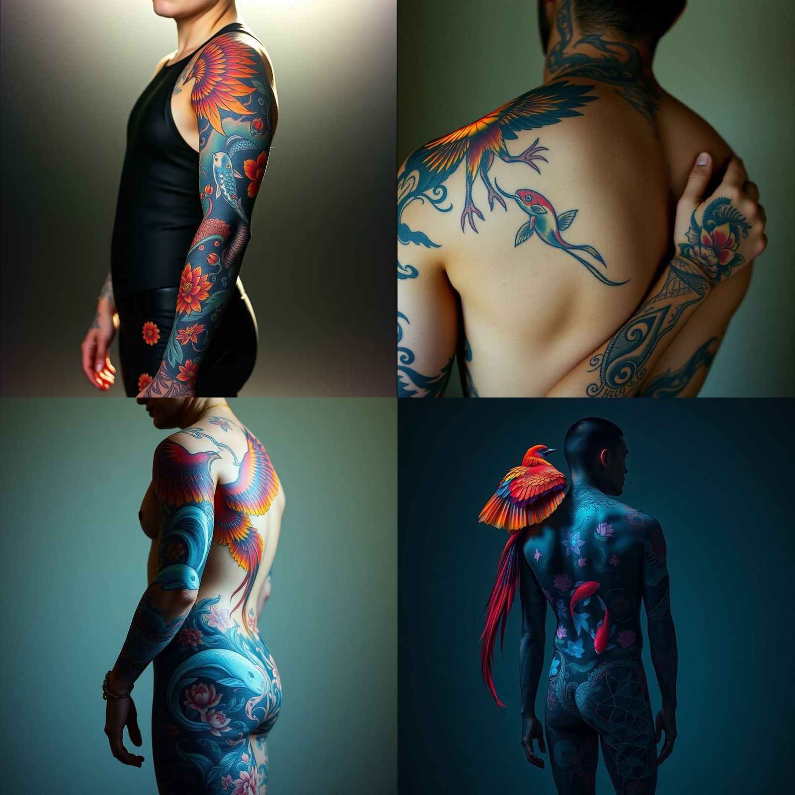 Intricate Full-Body Tattoo Art with Phoenix Design