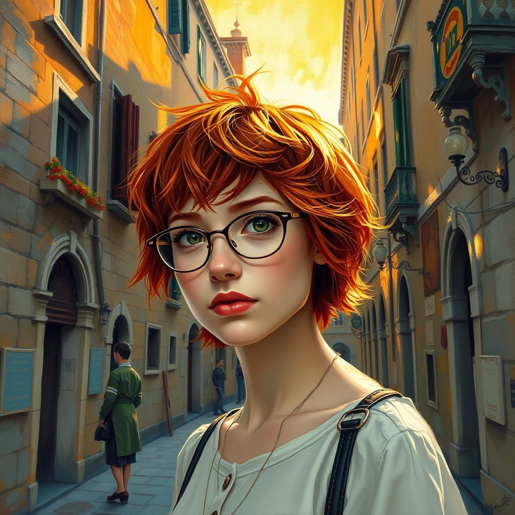 Redheaded Girl in Venice Streets in Impasto Style